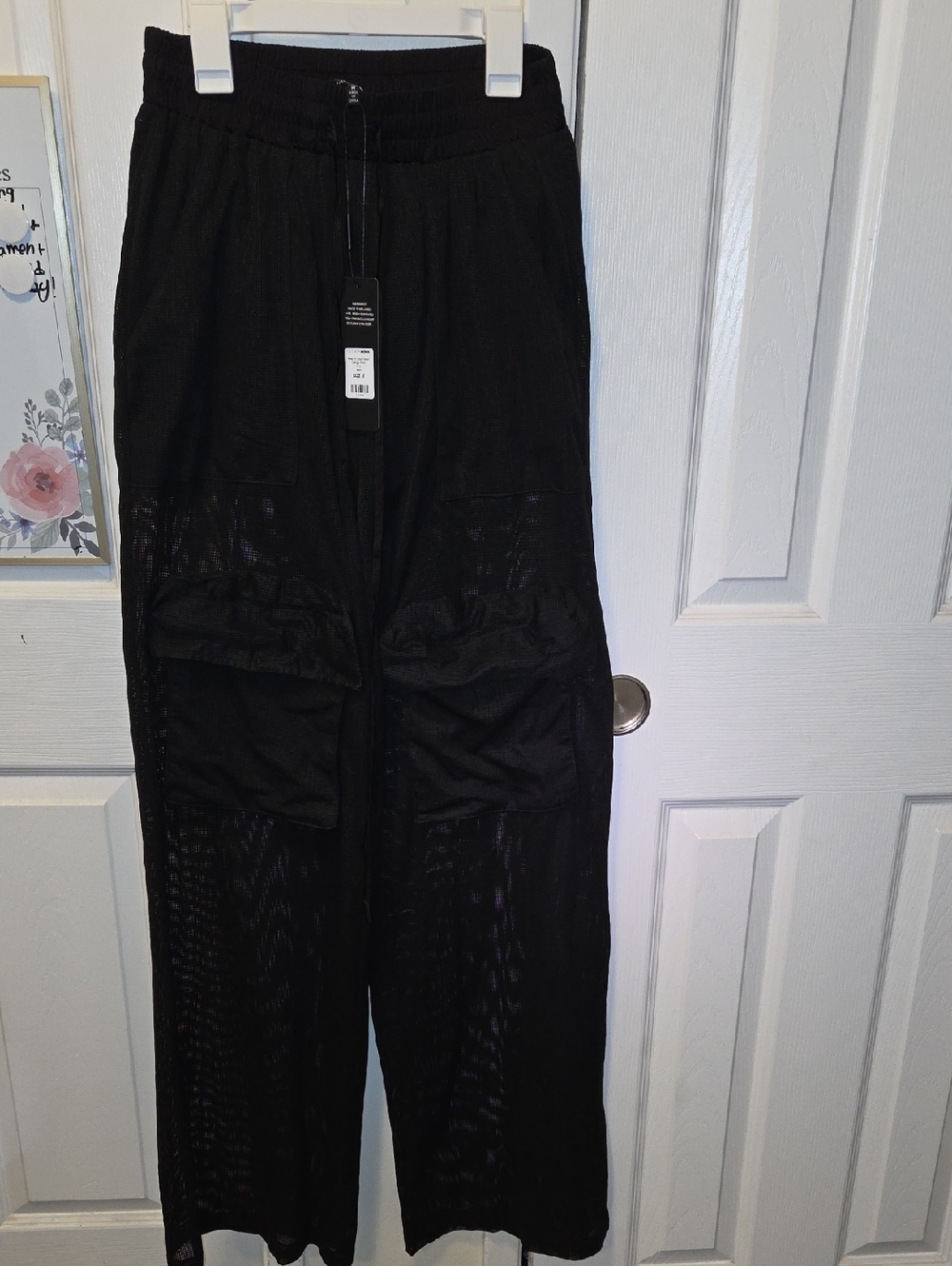 Women's Black Wide-Leg Mesh Cargo Pants